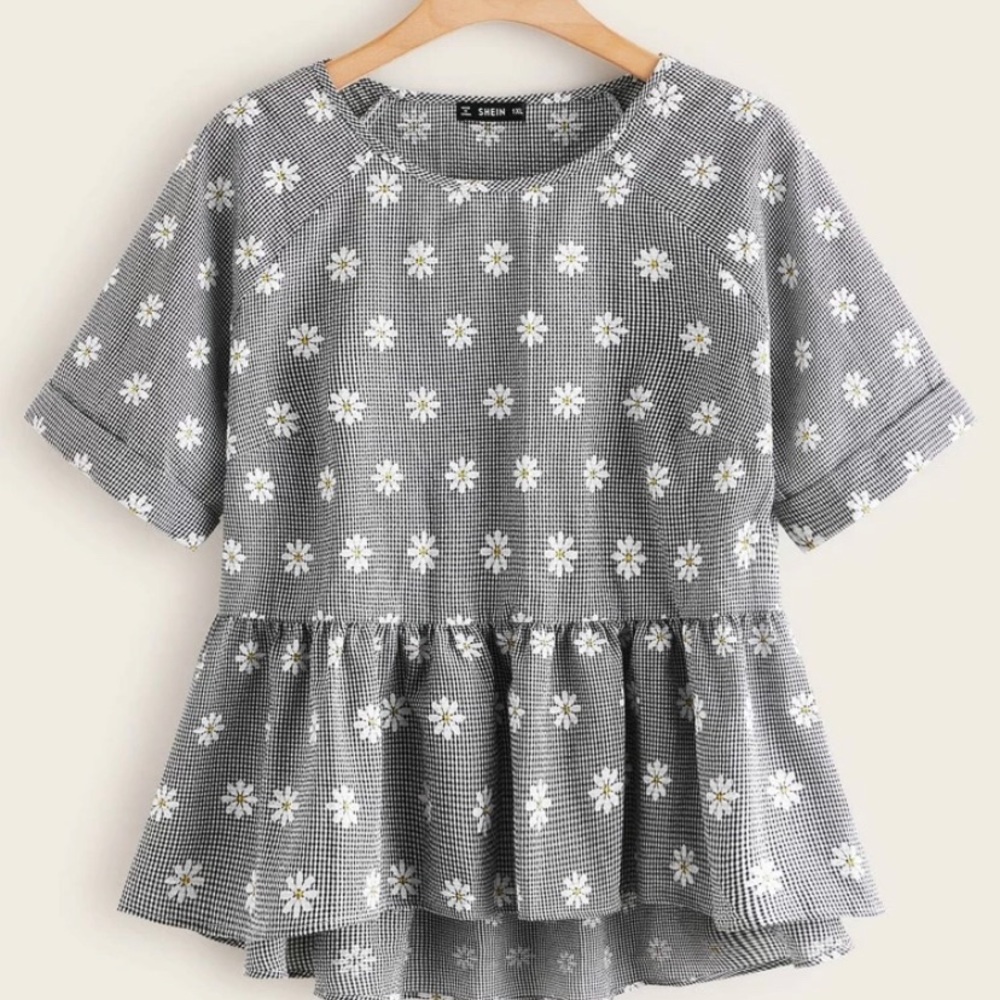 SHEIN Raglan Sleeve Floral and Gingham Peplum Top